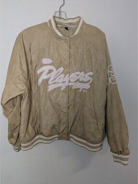 H&M Tan Varsity Bomber Jacket Size Medium Embroidered Snap Front Coat Y2K